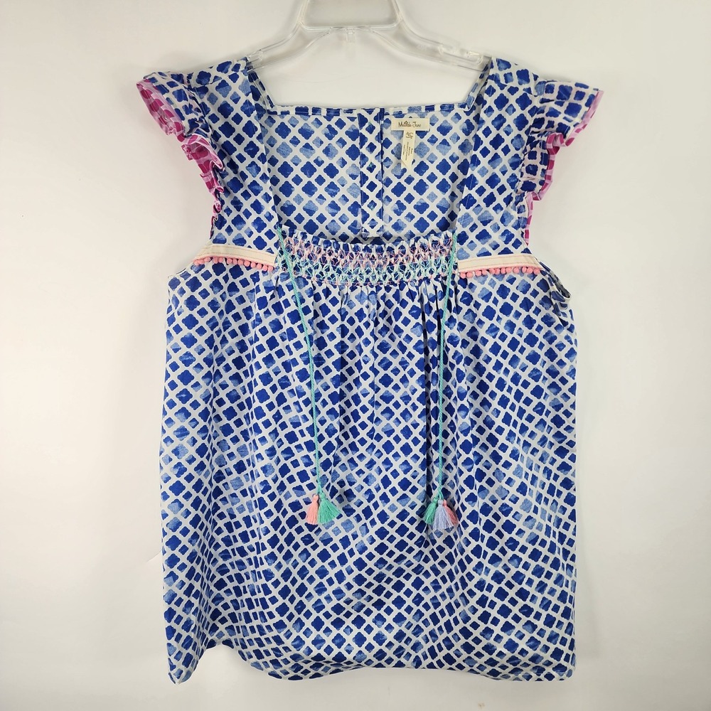 Matilda Jane Wandering Waters Top Women's XL Smocked Babydoll Blue Tassels